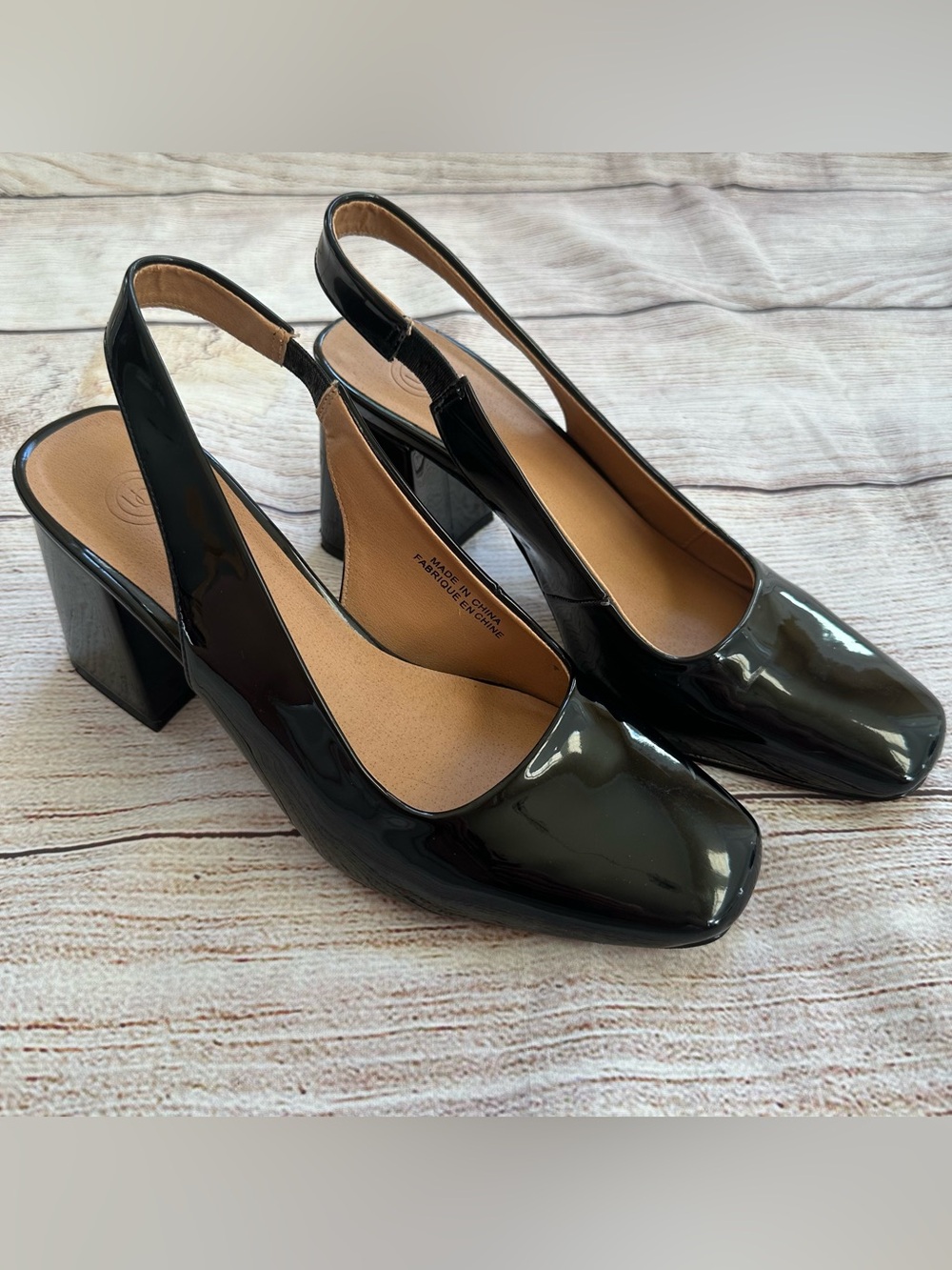 Urban Outfitters Vegan Black Patent Slingback Block Heel Shoes Sz 8 EU 39